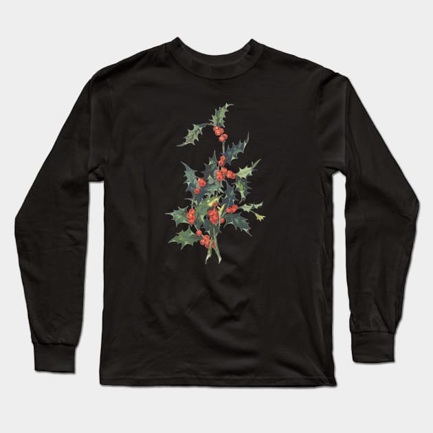 Vintage Holly Botanical Illustration Long Sleeve T-Shirt by Biophilia